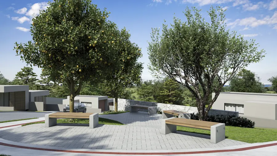 Praça de convivência com árvores frutíferas e bancos